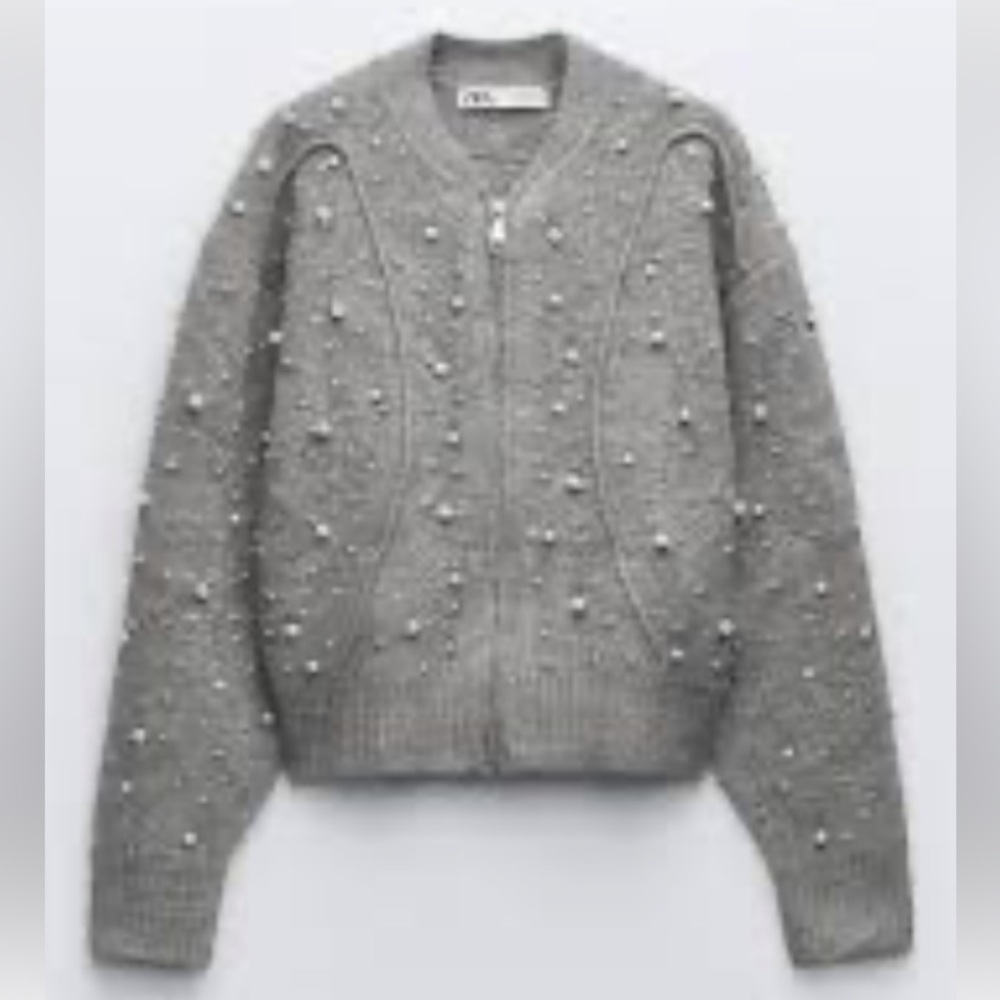 Zara Gray Pearl Trim bomber Cardigan size small - Picture 2 of 9